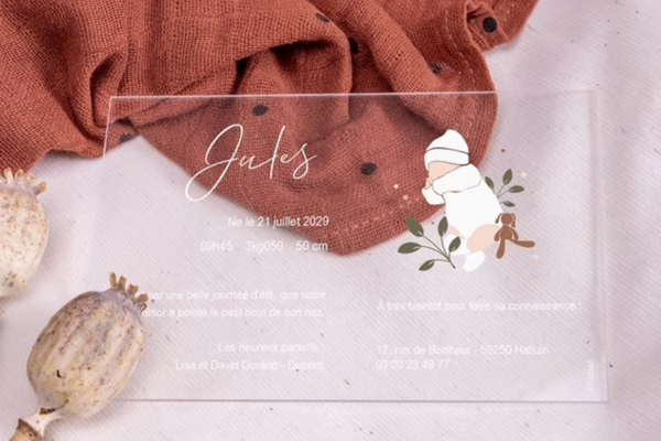 exemple de faire-part de naissance original pour garçon en plexi